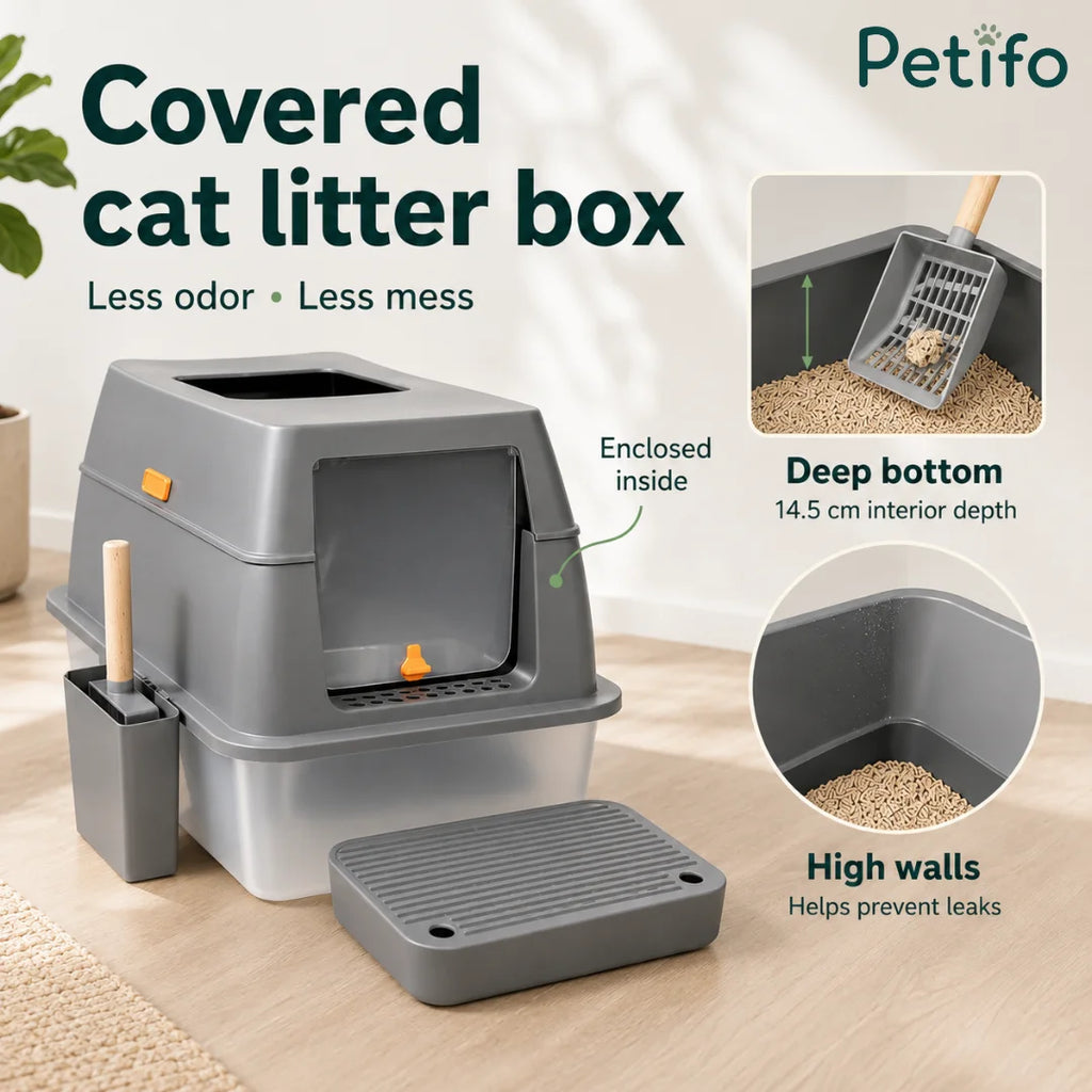 Features of a covered cat litter box with deep 14.5 cm walls to minimize odor and mess, including a scoop and mat.