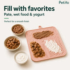 Pink Petifo silicone lick mat filled with pate, wet food, and yogurt alongside matching bowls