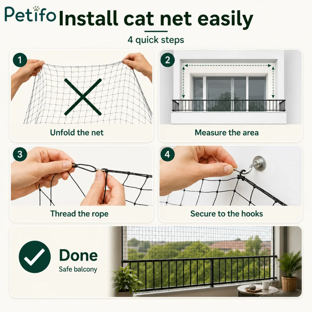 Step-by-step installation guide illustrating how to unfold, measure, thread, and secure a balcony cat safety net.
