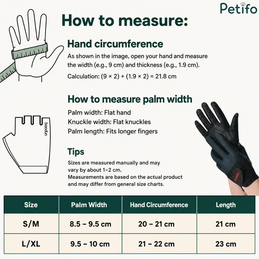 Infographic met maattabel en meetgids voor paardrijhandschoenen met handafmetingen