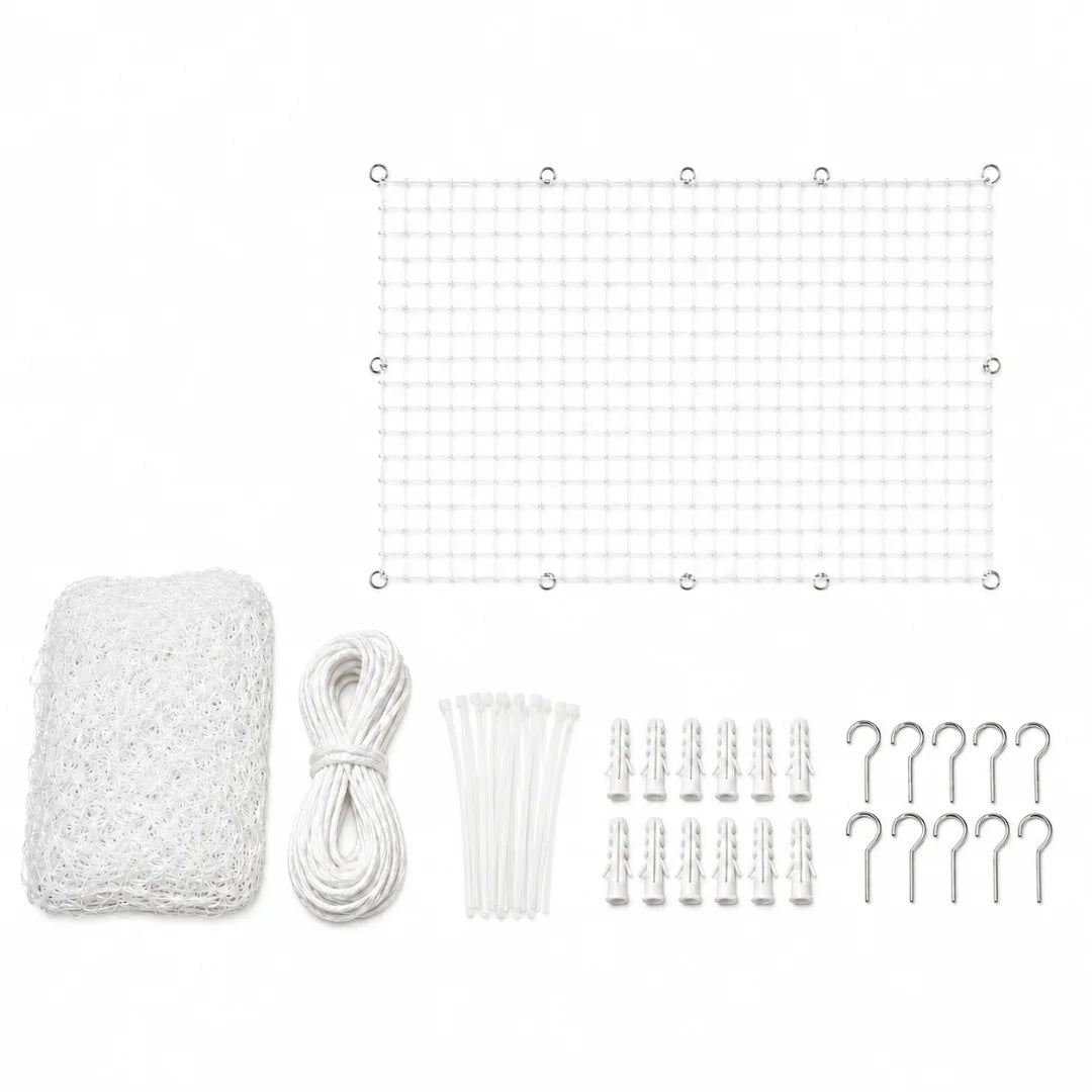 Complete white cat safety net kit including installation rope, cable ties, wall plugs, and metal hooks.