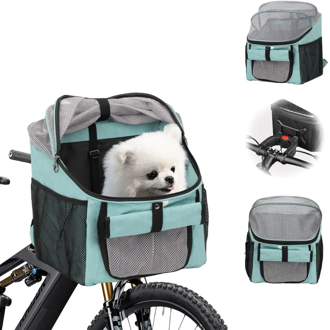Petifo mint green multifunctional pet bike basket and carrier shown mounted on a bicycle with a small white dog inside, alongside smaller thumbnail views displaying its handlebar mount, top mesh, and front profile.