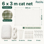 Complete 6x3m cat net set with mounting accessories, rope, hooks, and wall plugs for secure balcony installation.