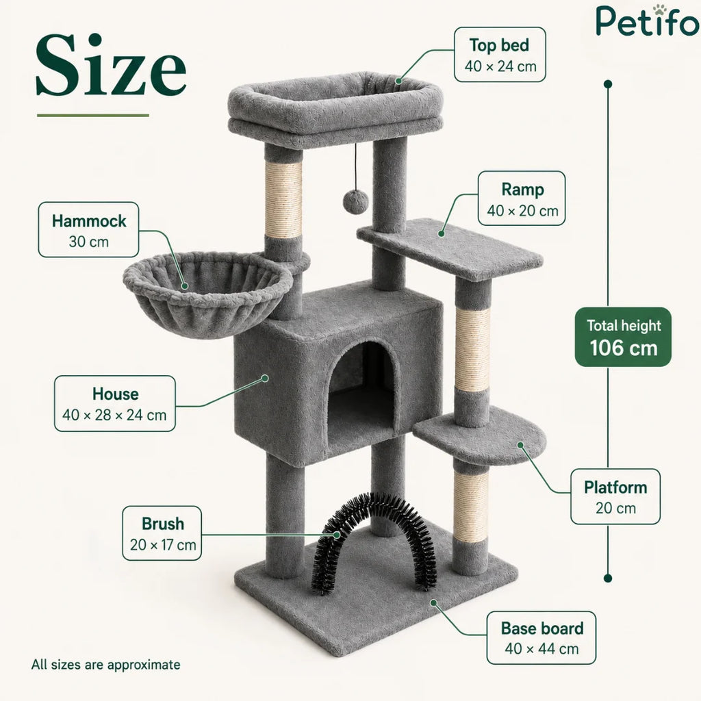 Labeled diagram showcasing the dimensions and key features of a multi-level grey cat tree with a house, hammock, and scratching areas.