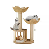 Kattenboom van natuurlijk hout met mand en huisje