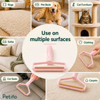 Multi-surface application guide showing the pet hair tool used on rugs, pet beds, cat furniture, sofas, clothing, car seats, and carpets.