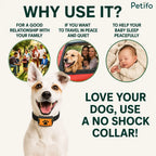 Promotional infographic emphasizing reasons to use the no-shock collar for a harmonious family relationship, peaceful travel, and quiet baby sleep.