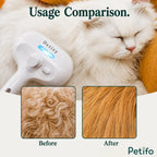 A usage comparison image showing a white Persian cat before and after grooming alongside the Petifo grooming brush.