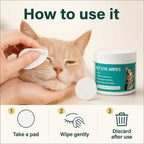 A three-step infographic showing how to use pet eye wipes: take a pad, wipe the eye area gently, and discard the pad after use.