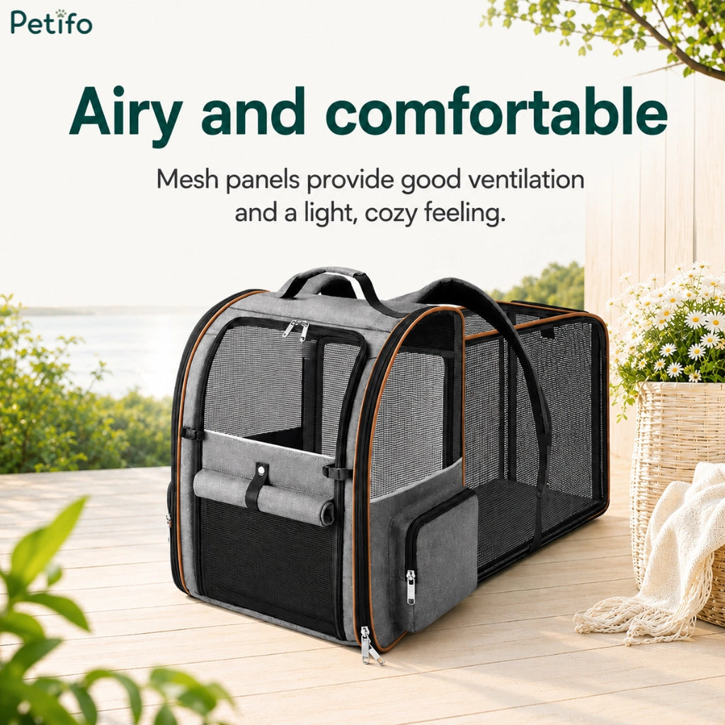 Petifo expandable pet carrier on a wooden deck featuring airy mesh panels for ventilation and a cozy feel.