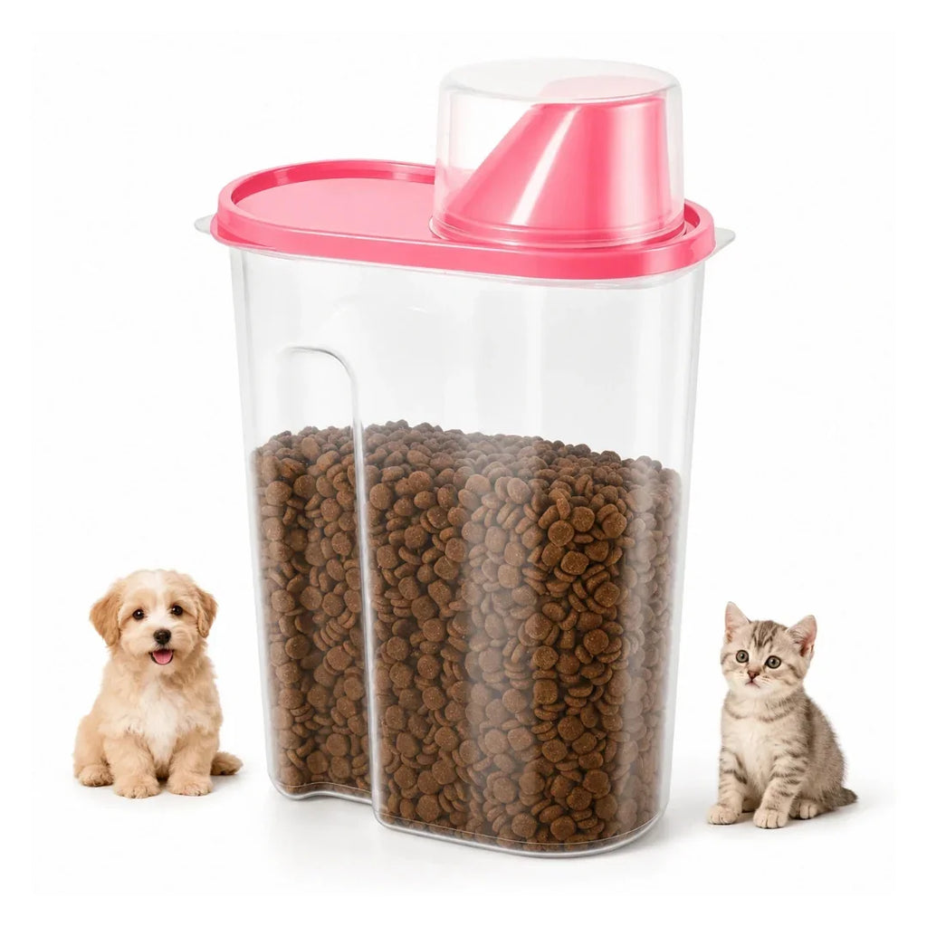 Clear plastic pet food storage container with a pink lid, flanked by a puppy and a kitten.