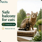 Cat relaxing on a comfortable cushion by a balcony window secured with a protective safety net to reduce fall risks.