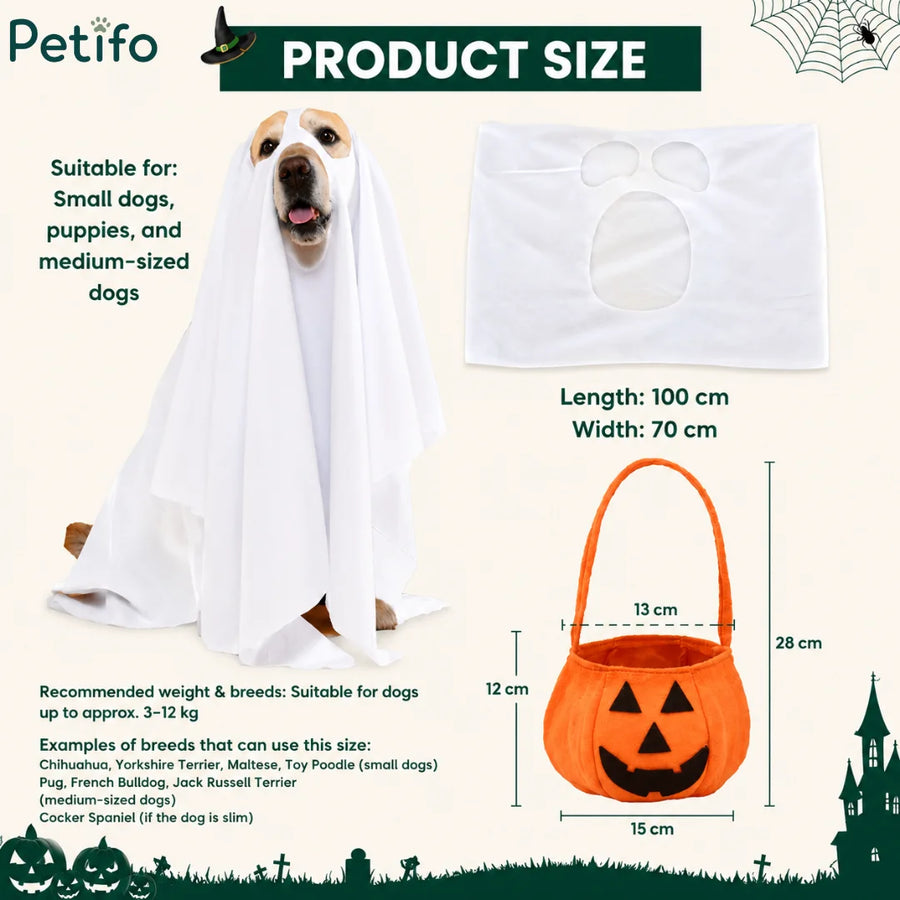 Productmeetschema met de lengte, breedte, aanbevolen huisdiergewichten en afmetingen van het schattige pompoenmandje voor het spookkostuum voor honden.