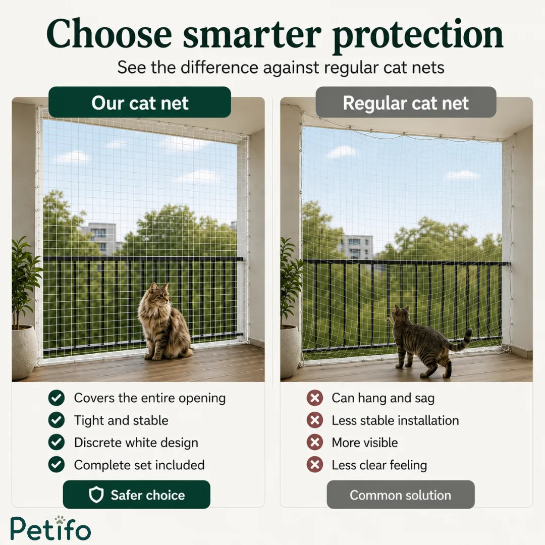 Comparison showing the benefits of a tight, stable protective cat net versus a loose, sagging regular net.