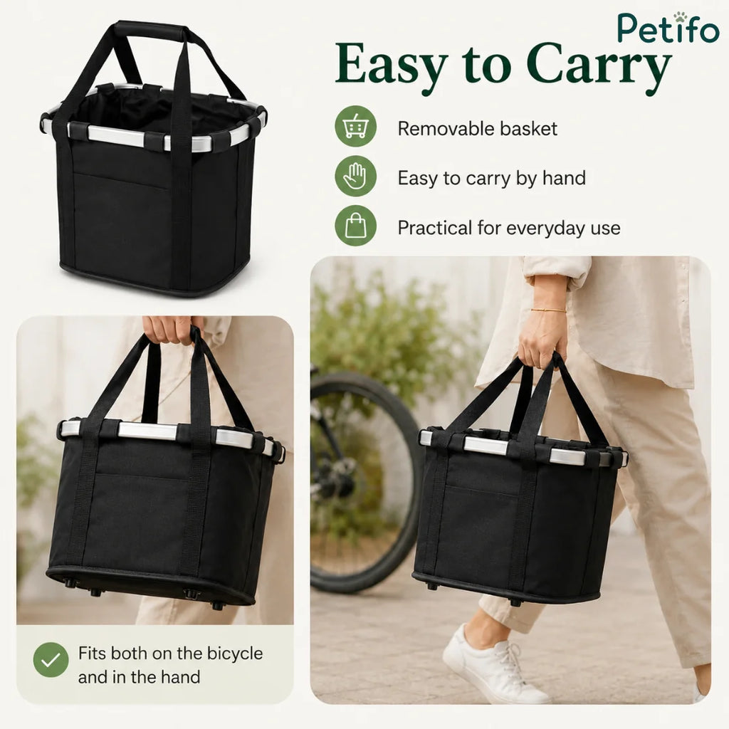 Easy to Carry" feature graphic demonstrating the removable basket's dual functionality for bike rides and convenient hand-carrying.