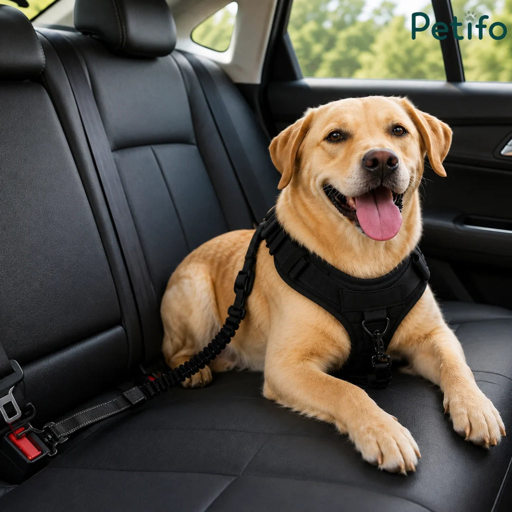 Labrador retriever sitting on a car back seat wearing a harness secured with a seatbelt restraint attachment.