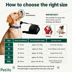 Size chart and measuring guide for the dog muzzle detailing nose circumferences and weight ranges from size S to XXL.