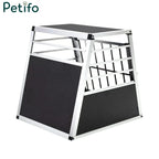 Side profile view of a sloped Petifo aluminum car dog crate showing its trapezoidal shape.