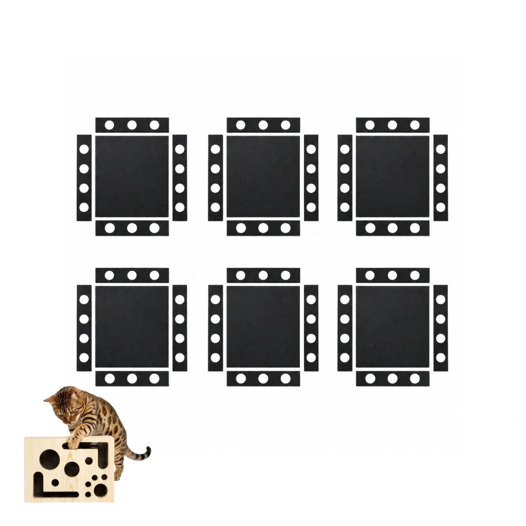 Six-pack bundle of black non-slip adhesive pads and replacement sheets for interactive pet toys.