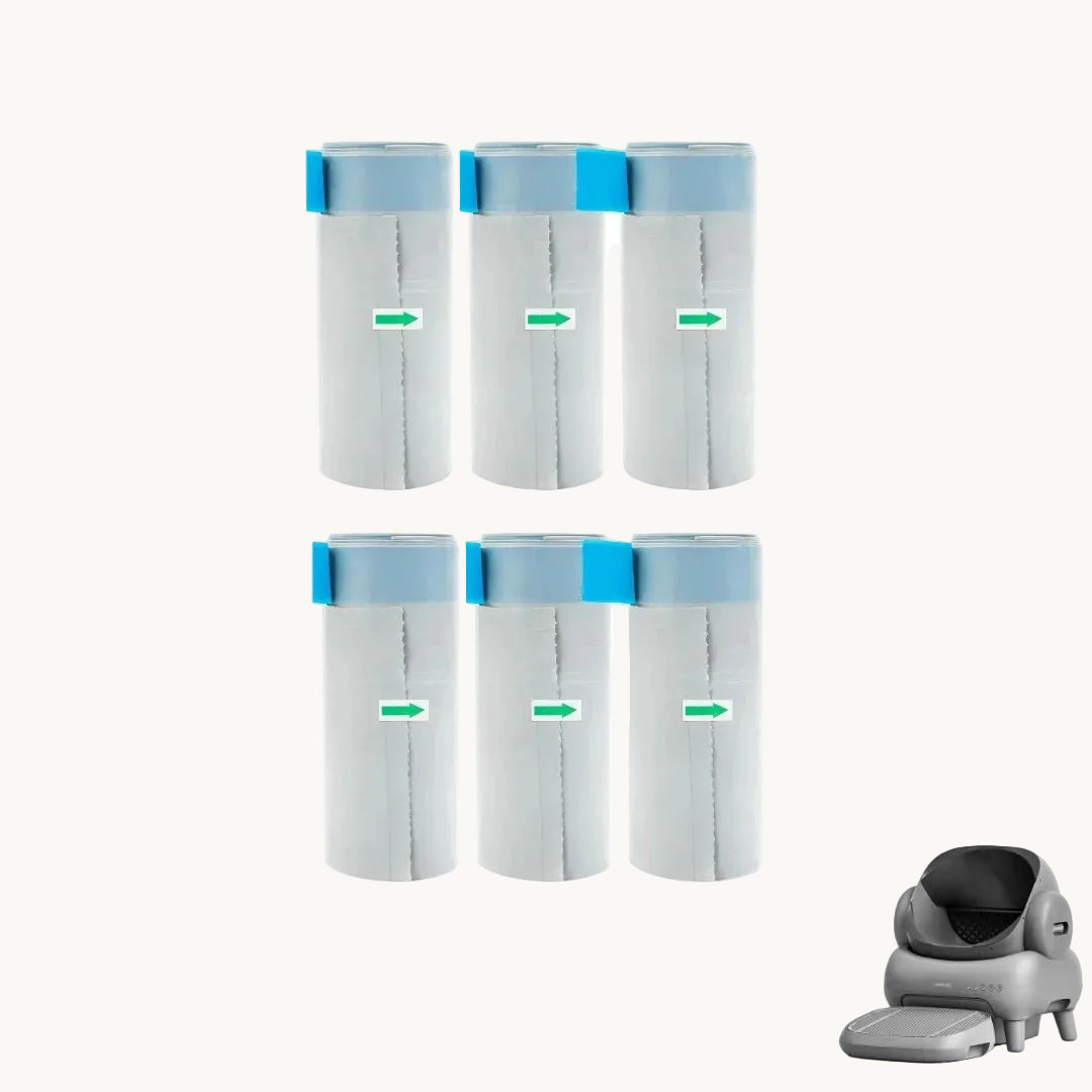 Six rolls of grey Petifo replacement waste bags arranged in two rows, featuring blue drawstrings and green directional arrows, displayed alongside a miniature model of the Petifo automatic cat litter box.