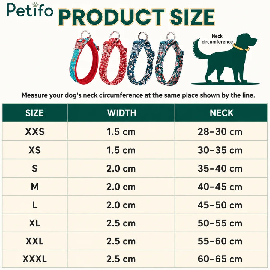 Een maattabel voor Petifo-halsbanden voor honden met de breedte- en nekomtrekmaten voor de maten XXS tot XXXL.