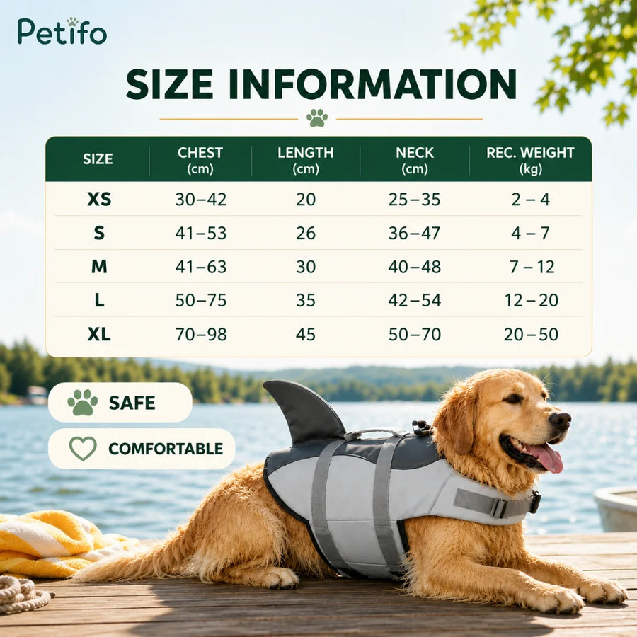 Infographic met maattabel voor Petifo-hondenreddingsvesten, afgebeeld naast een Golden Retriever die op een steiger rust.