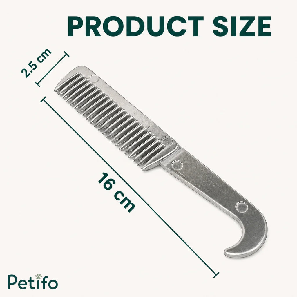 Product size diagram showing a stainless steel horse mane comb measuring 16 cm by 2.5 cm.
