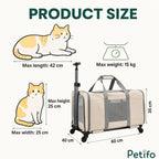 A product size guide for a beige rolling pet carrier showing maximum pet dimensions and a 15 kg weight limit.