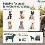 Size suitability guide displaying recommended dog breeds, body length limits, and a maximum weight capacity of 20 kg for the pet trailer.