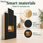 Product features diagram detailing the natural bamboo build, slip-resistant surface, and treat dispenser.
