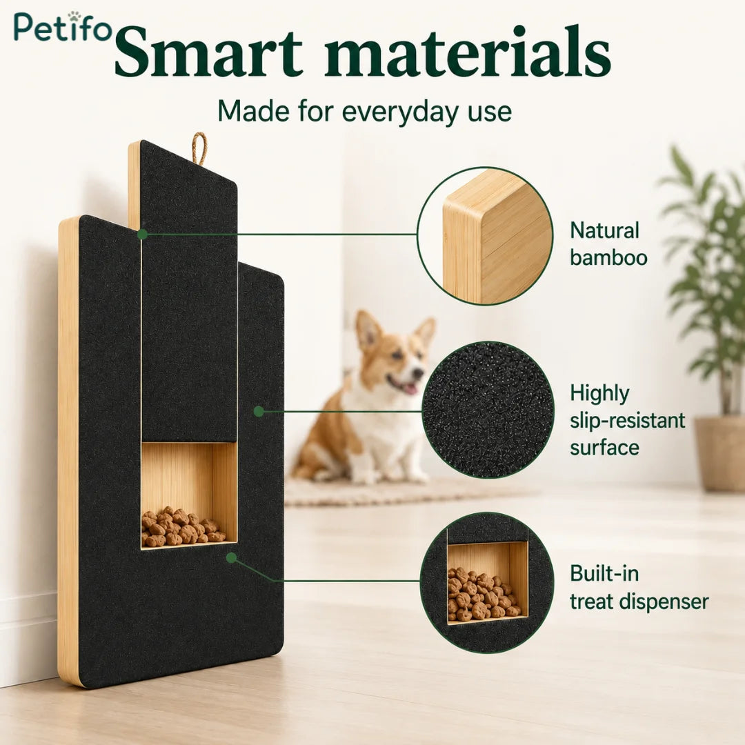 Product features diagram detailing the natural bamboo build, slip-resistant surface, and treat dispenser.