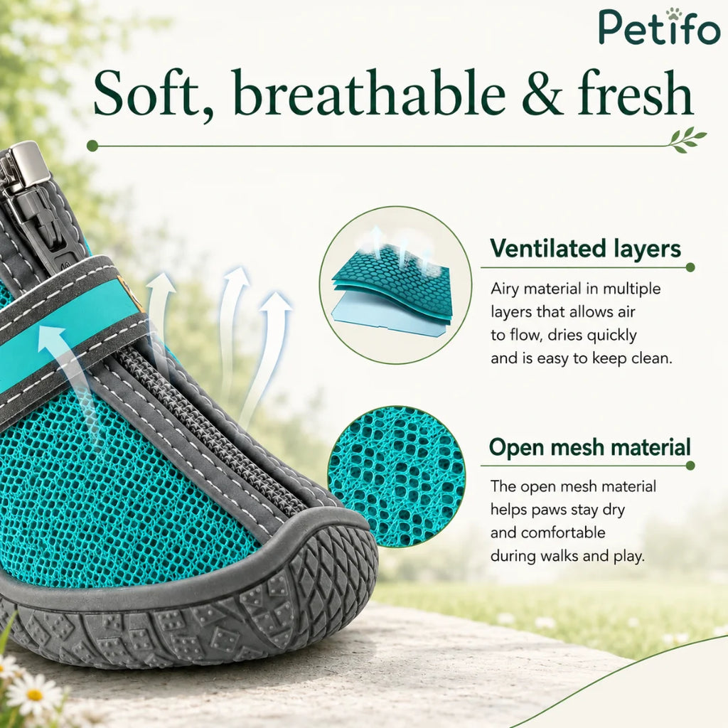 Infographic highlighting the soft, breathable, and fresh multi-layer open mesh material of Petifo dog shoes for comfortable walks and play.