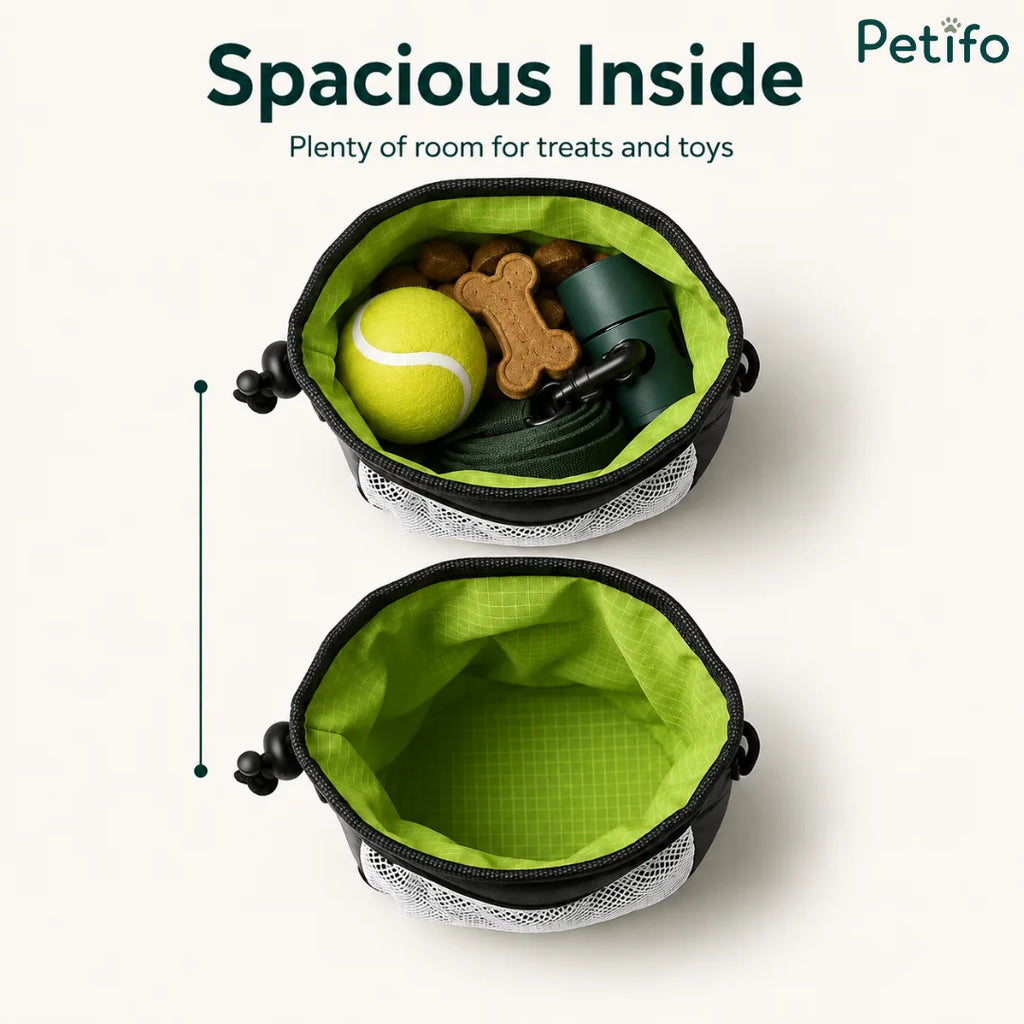 A top view displaying the spacious inside of a dog treat pouch filled with toys, treats, and accessories.