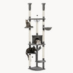 Sturdy grey multi-level cat condo tower with an acrylic bowl perch, hammocks, and sisal-wrapped scratching posts.
