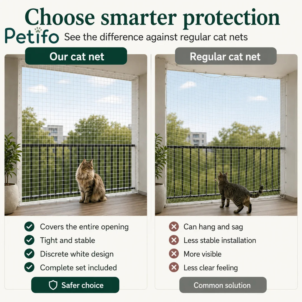 Comparison showing the benefits of a tight, stable protective cat net versus a loose, sagging regular net.