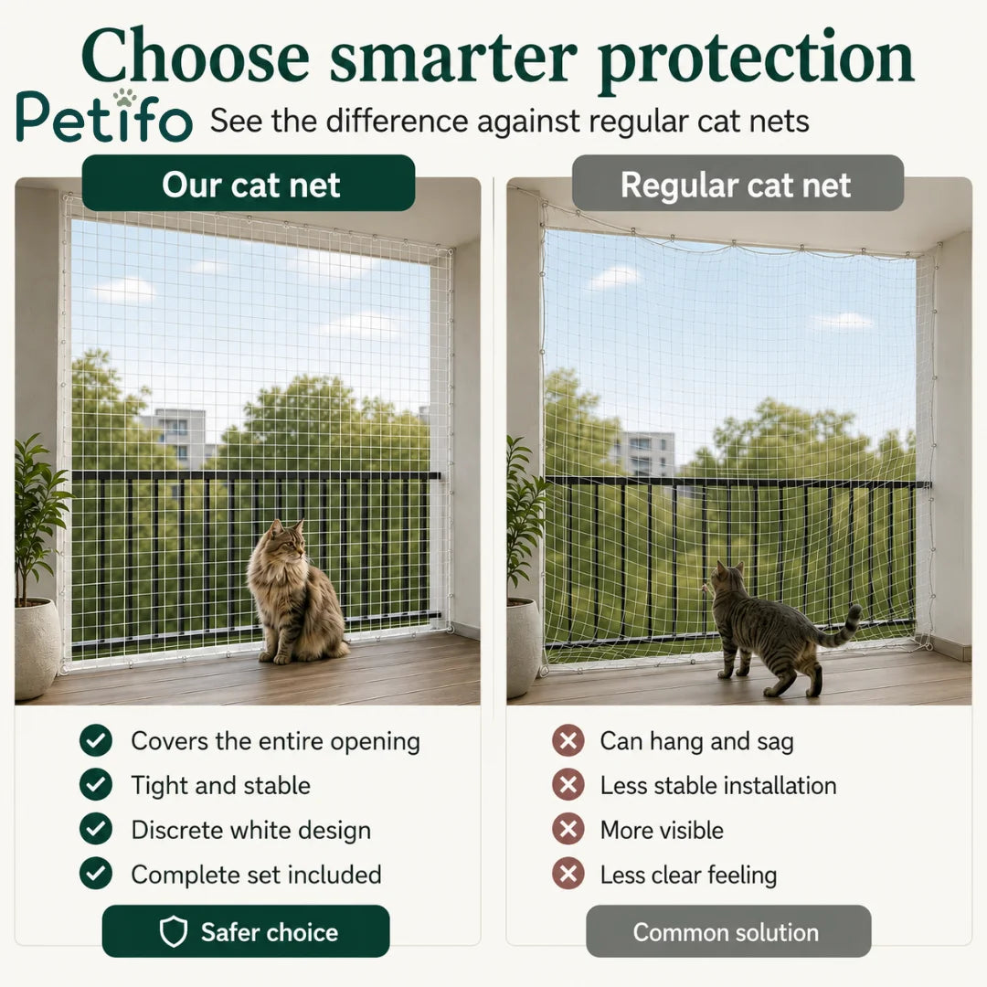 Comparison showing the benefits of a tight, stable protective cat net versus a loose, sagging regular net.