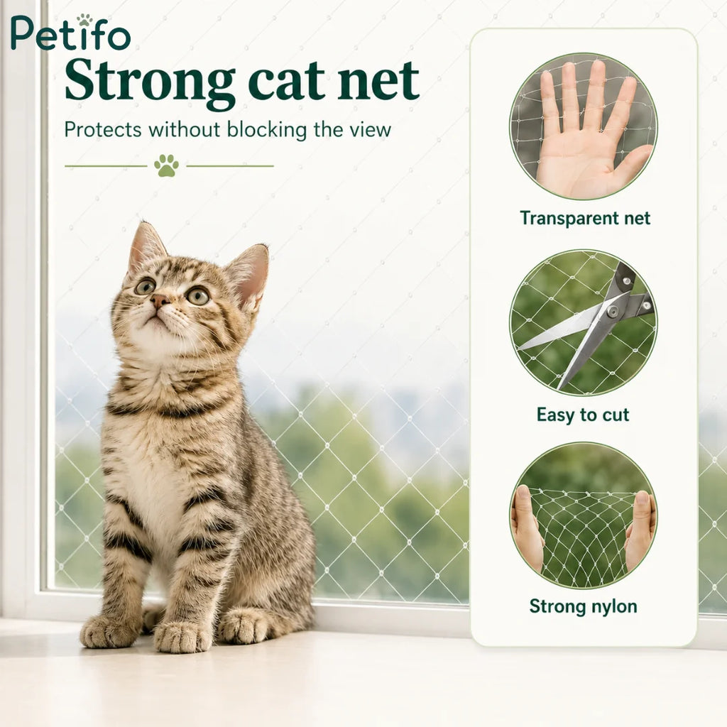 Transparent nylon cat protection net designed to maintain clear outdoor views.
