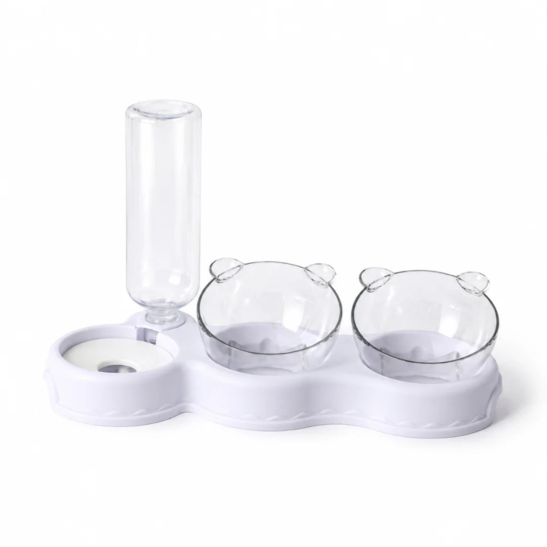 White Petifo triple pet feeding station with an automated water bottle and dual clear bowls.