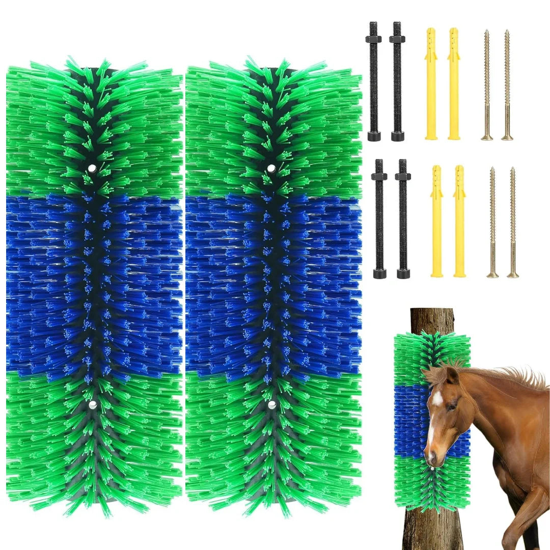 Two green and blue large cylindrical stable scratch brushes alongside their included mounting screws and anchors, featuring a brown horse using a mounted brush on a wooden post.