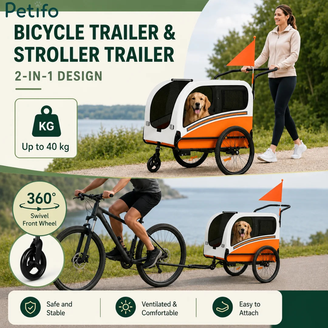 A versatile 2-in-1 orange pet bike trailer and stroller featuring a 360-degree swivel front wheel and easy attachment system.