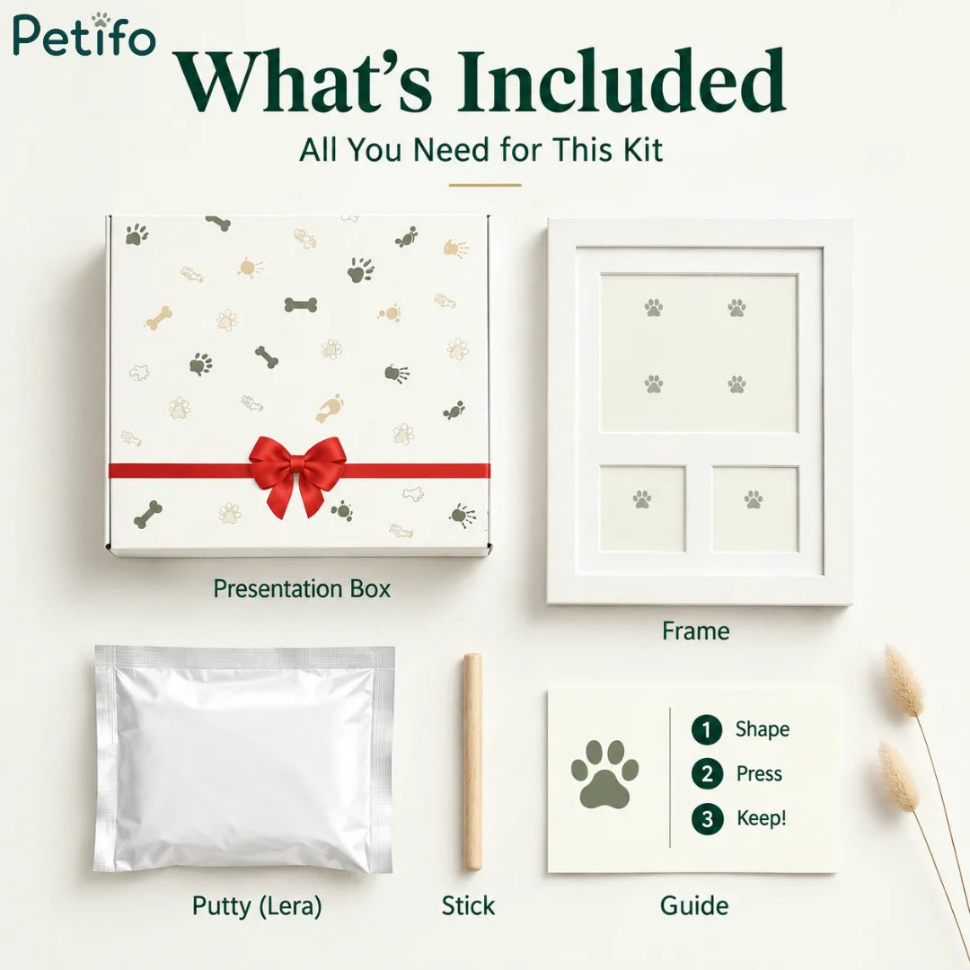 Complete kit layout showing the presentation box, white frame, clay putty packet, wooden rolling stick, and instruction guide.