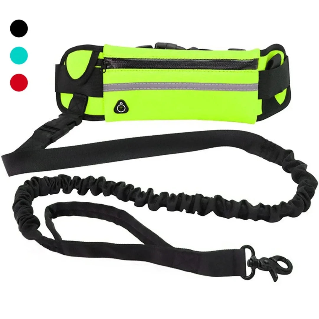 Bright yellow-green hands-free running belt with a black elastic dog leash and color option indicators on the left.