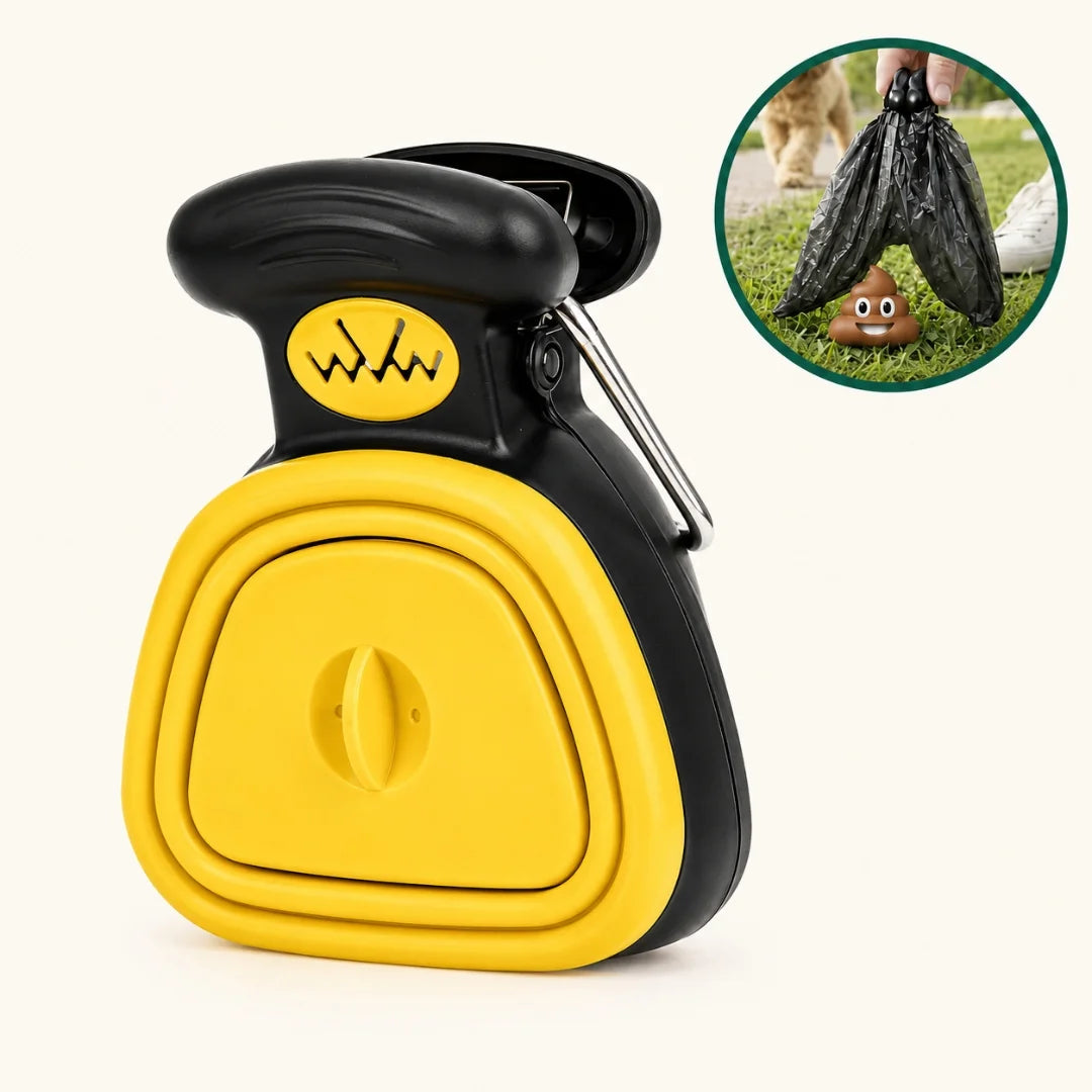 Clean product view of the black and yellow foldable poop scooper.