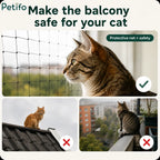 Comparison infographic showing a safe cat-proofed balcony with a protective net versus unsafe open ledges and roofs.