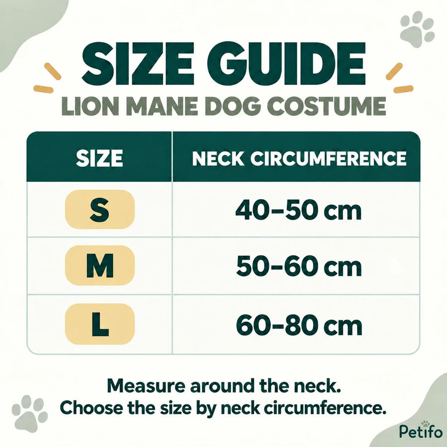 Leeuwenman-hondenkostuum maattabel: S 40–50 cm, M 50–60 cm en L 60–80 cm nekomtrek - Petifo