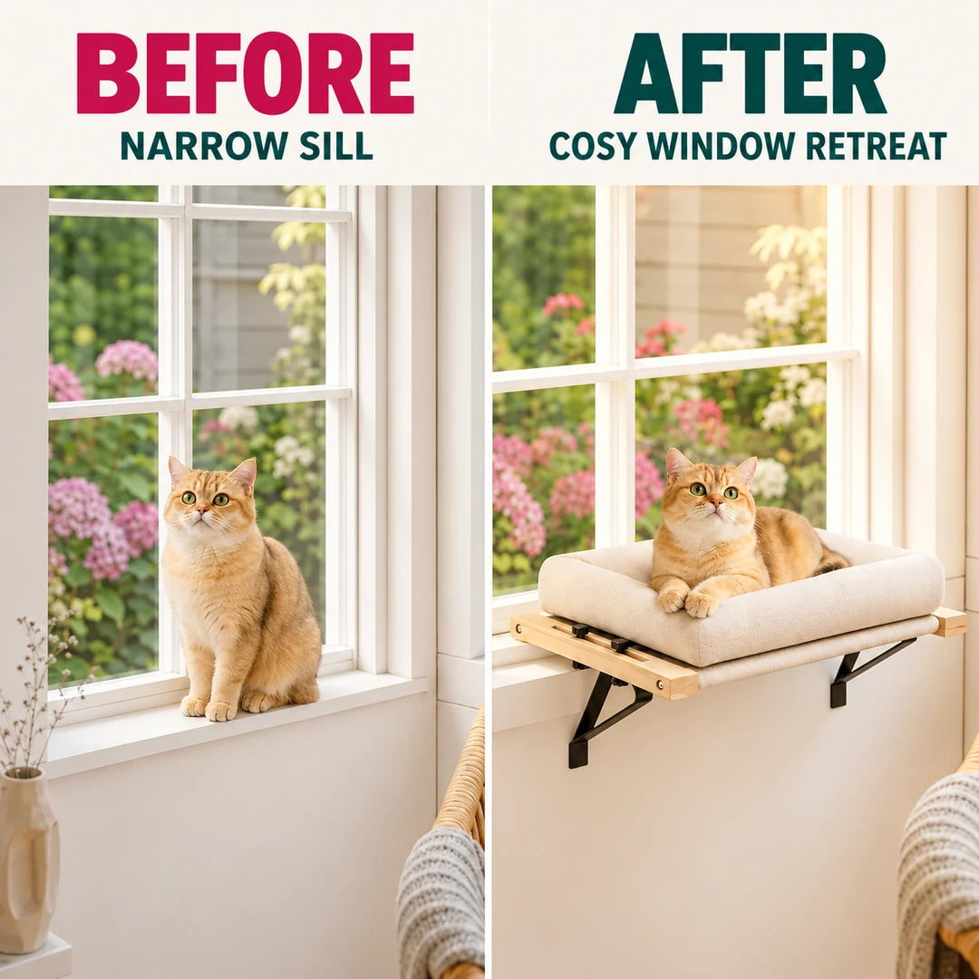 BEFORE and AFTER: narrow sill compared with a cosy retreat on the PawHut 2-in-1 Cat Window Bed - Petifo