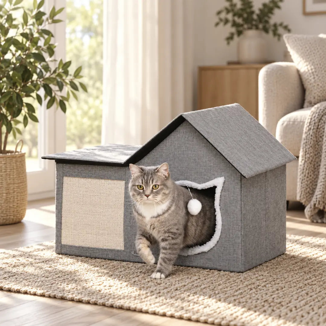 PawHut cat house with scratcher – cosy interior – Petifo