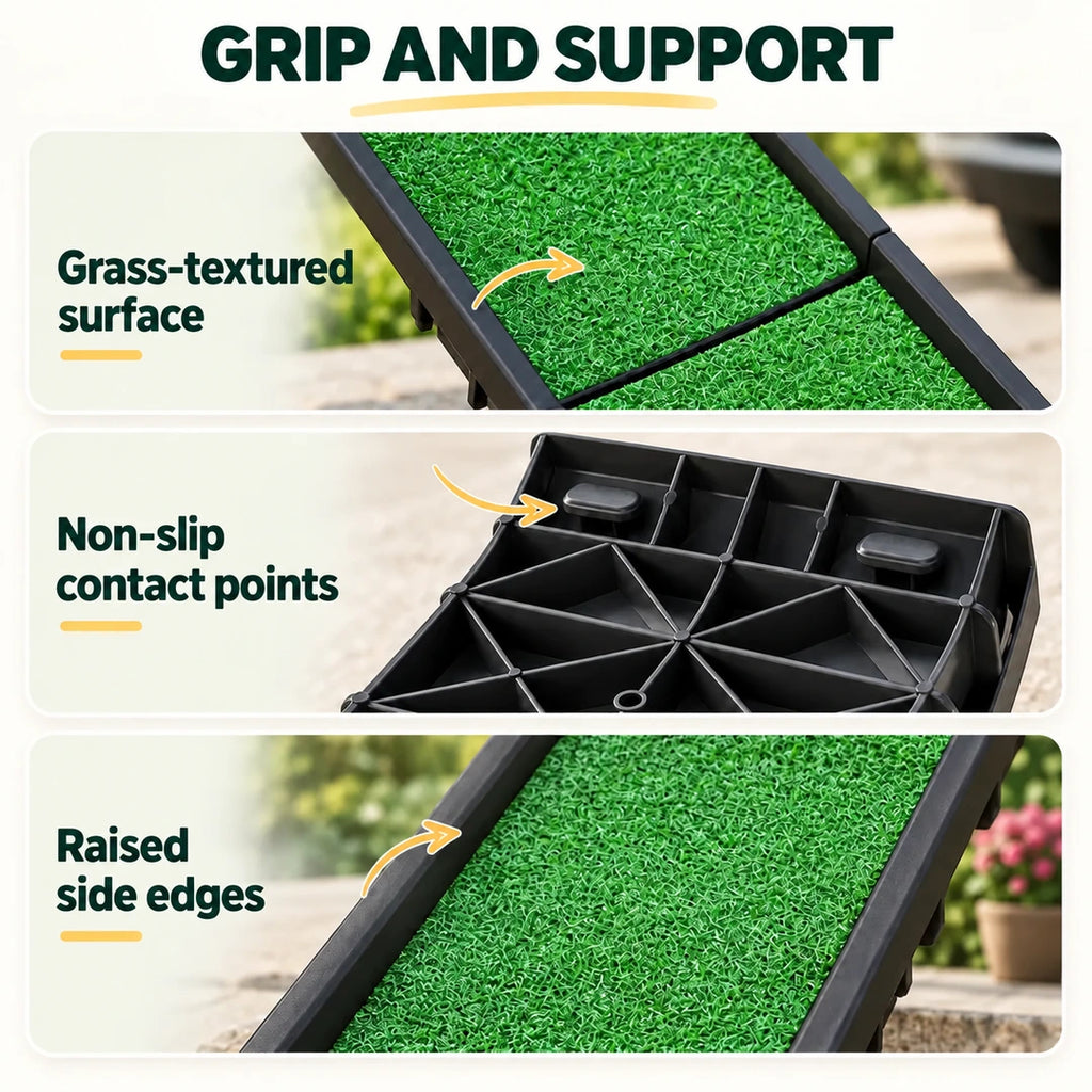 Grass-textured dog ramp surface, contact points and raised sides