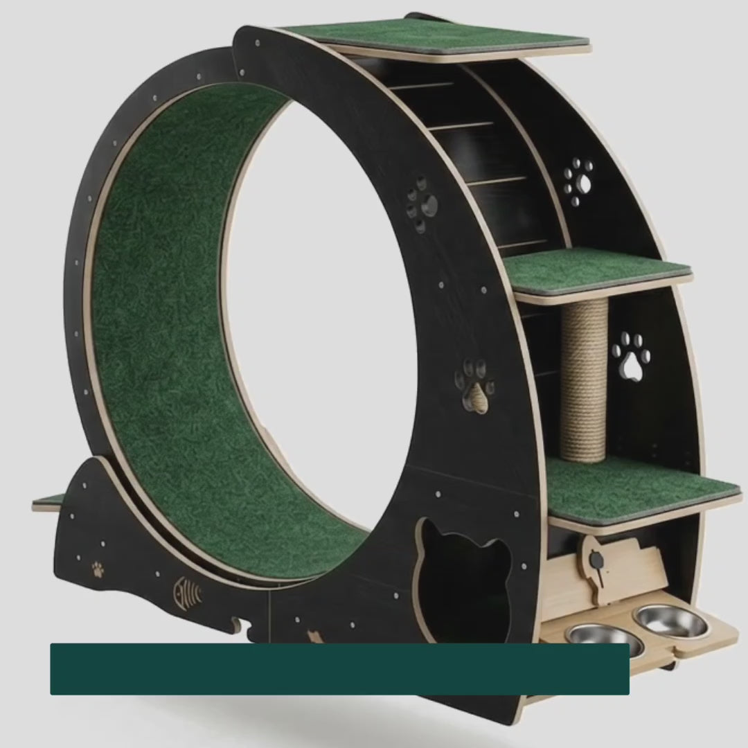 5-in-1 Cat Wheel and Tree showing the running wheel, scratching areas and feeding bowls — Petifo