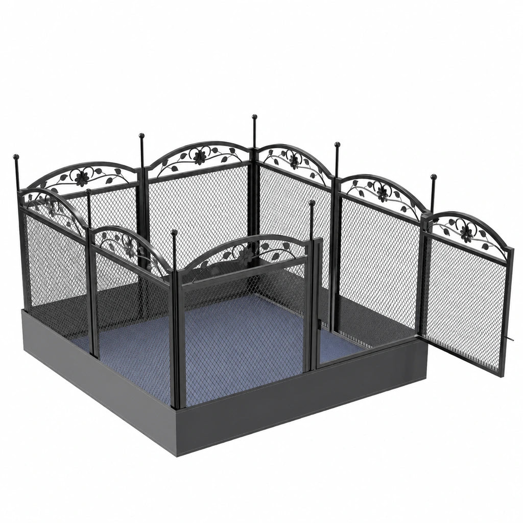 Empty black metal pet playpen with decorative arched panels and an open door